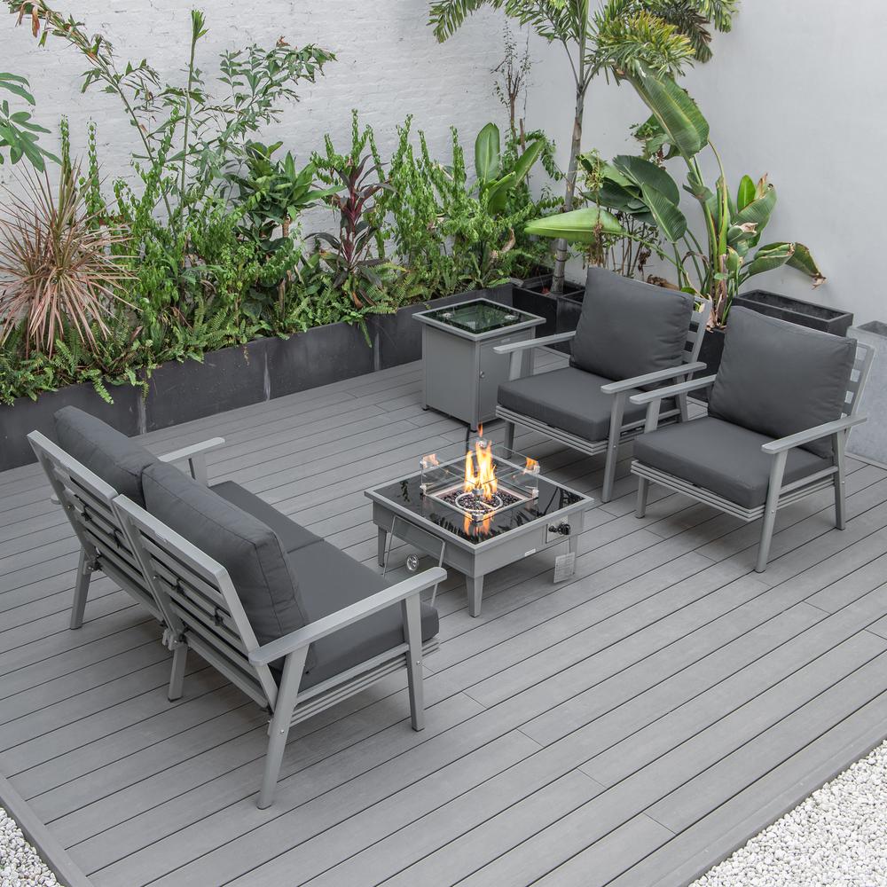LeisureMod Walbrooke Modern Grey Patio Conversation With Square Fire Pit & Tank Holder, Charcoal. Picture 6