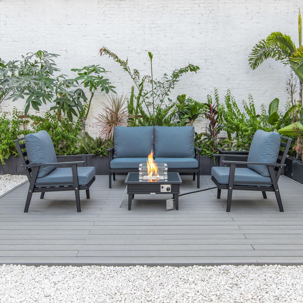 LeisureMod Walbrooke Modern Black Patio Conversation With Square Fire Pit With Slats Design & Tank Holder, Navy Blue. Picture 5