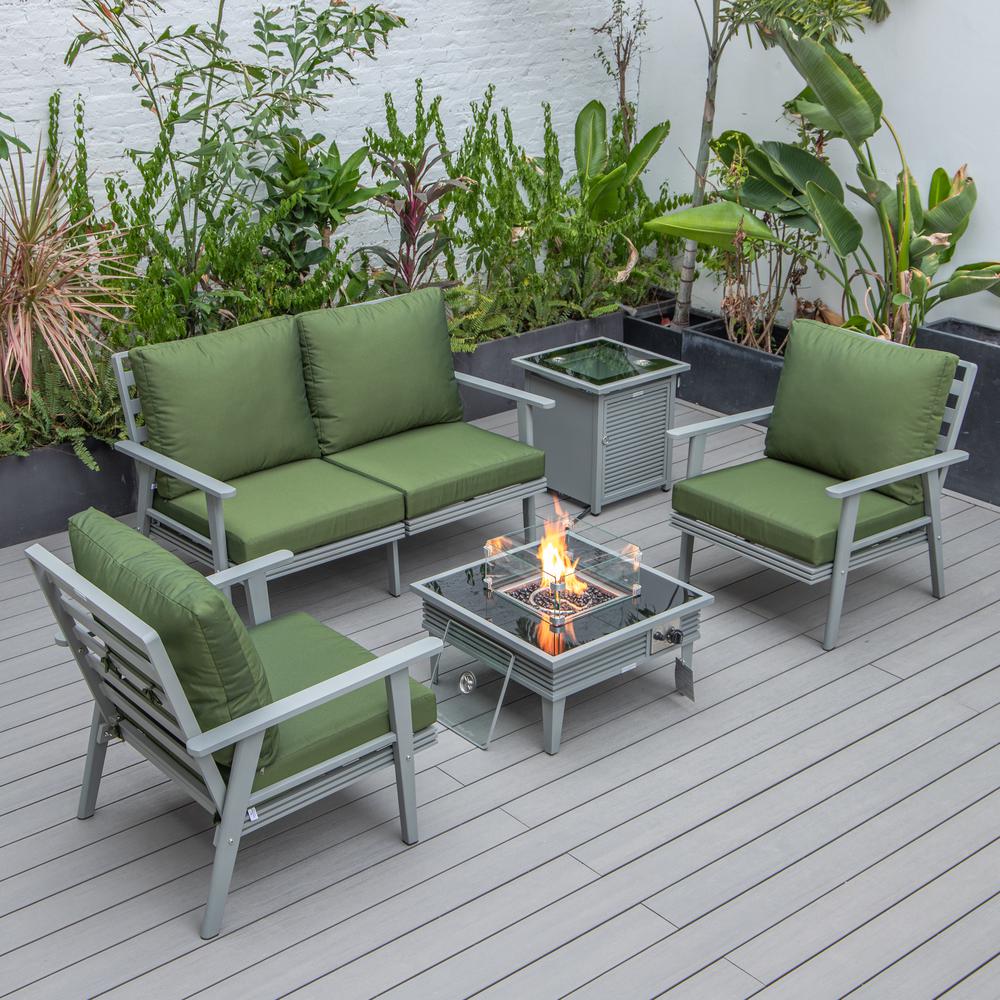 LeisureMod Walbrooke Modern Grey Patio Conversation With Square Fire Pit With Slats Design & Tank Holder, Green. The main picture.