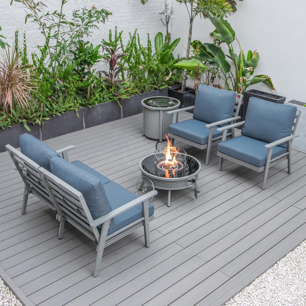 LeisureMod Walbrooke Modern Grey Patio Conversation With Round Fire Pit With Slats Design & Tank Holder, Navy Blue. Picture 6