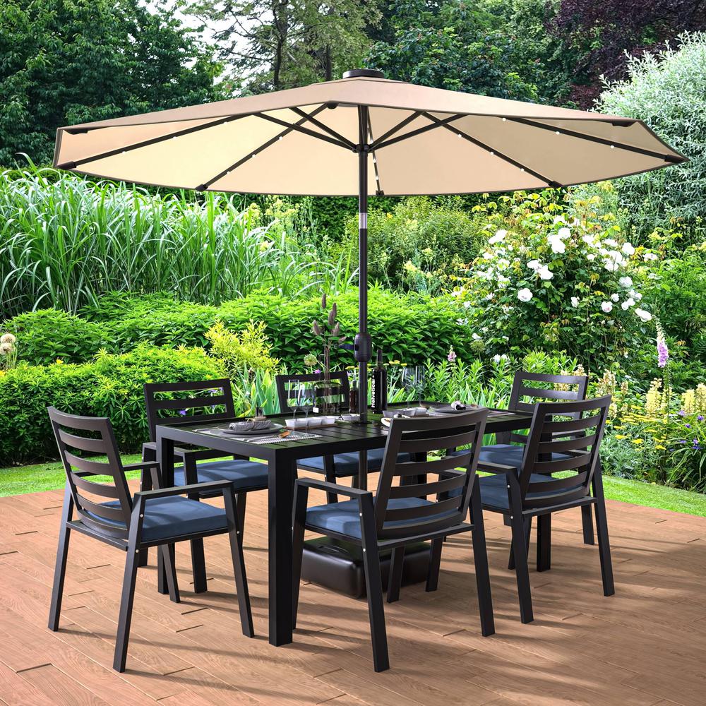 Chelsea Aluminum Outdoor Dining Table With 8 Chairs and Charcoal Blue Cushions. Picture 2