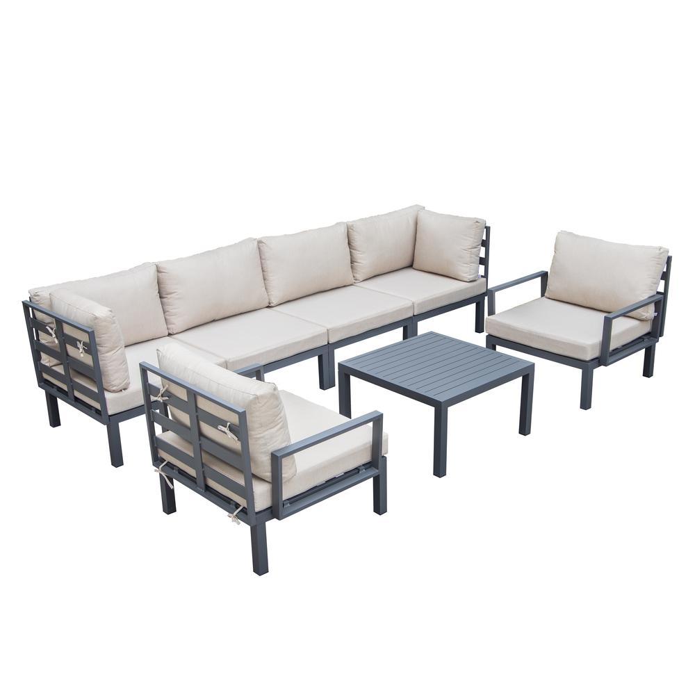 LeisureMod Hamilton 7-Piece Aluminum Patio Conversation Set With Coffee Table And Cushions Beige. Picture 1