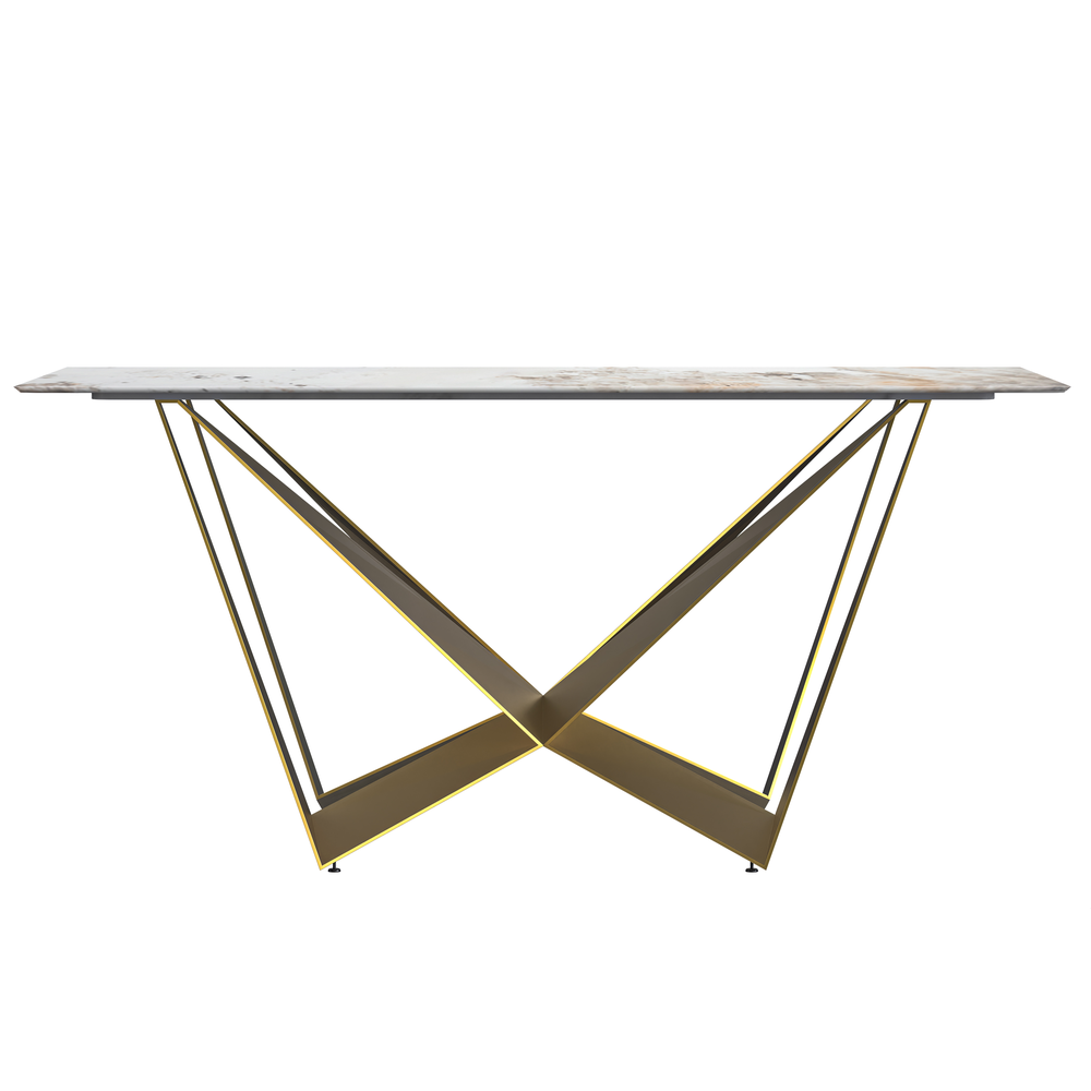 Modern Dining Table with a 55" Rectangular Top and Gold Steel Base. Picture 4