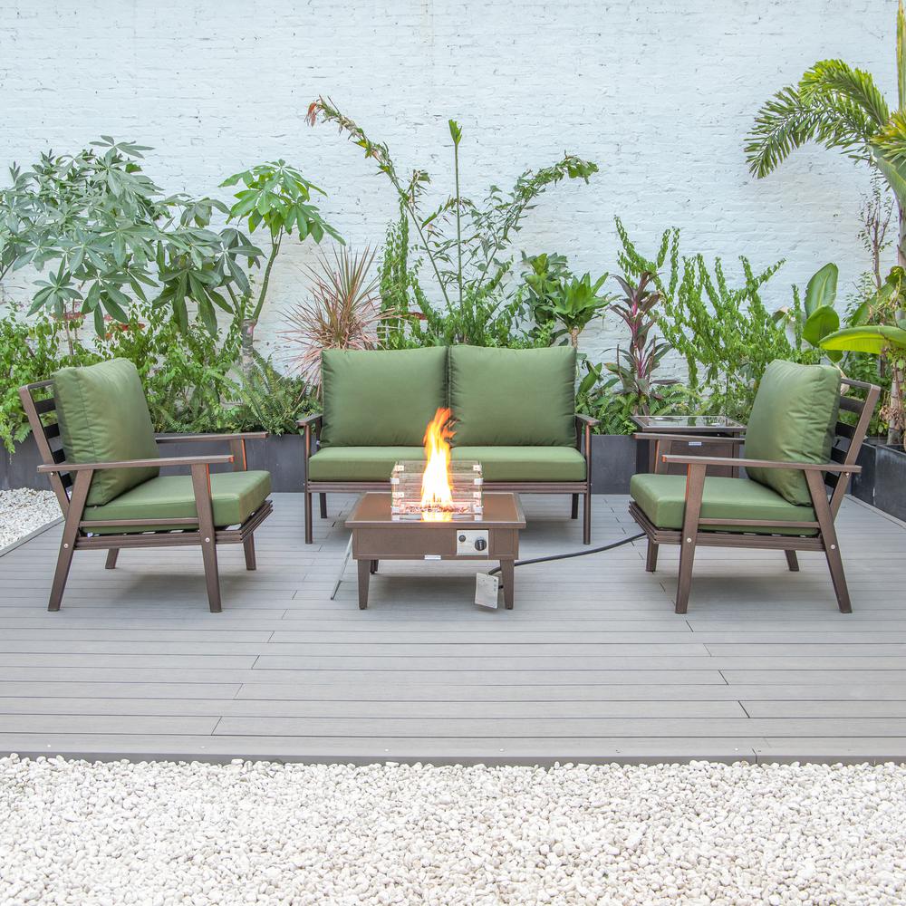 LeisureMod Walbrooke Modern Brown Patio Conversation With Square Fire Pit & Tank Holder, Green. Picture 9