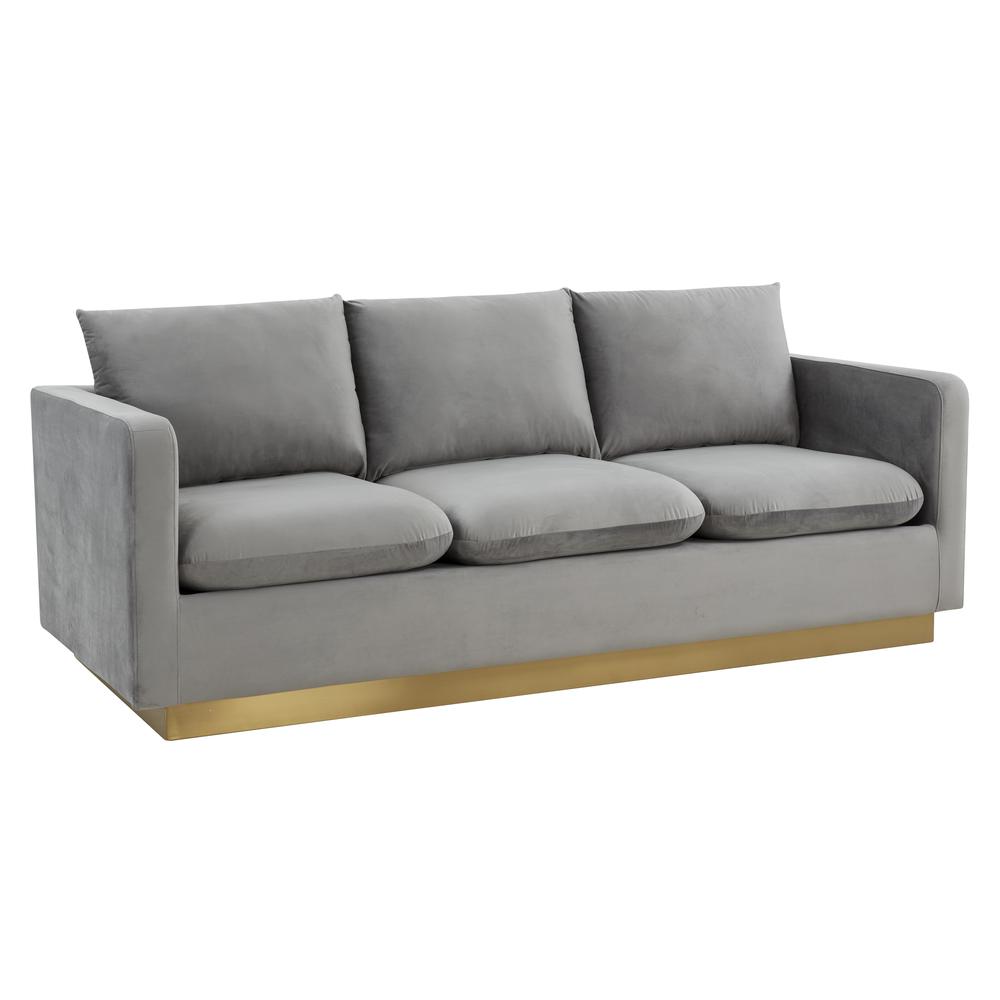 LeisureMod Nervo Modern Mid-Century Upholstered Velvet Sofa with Gold Frame, Light Grey. Picture 3