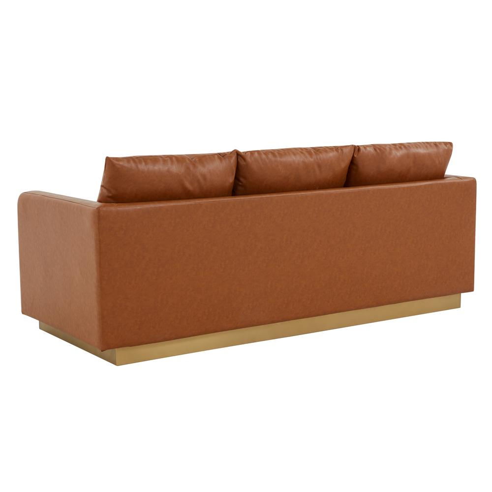 LeisureMod Nervo Modern Mid-Century Upholstered Leather Sofa with Gold Frame, Cognac Tan. Picture 3