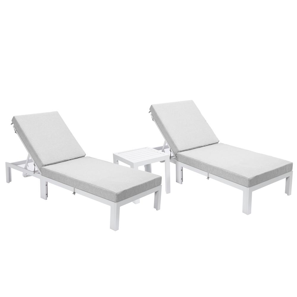 LeisureMod Chelsea Modern Outdoor White Chaise Lounge Chair Set of 2 With Side Table & Cushions Light Grey. The main picture.