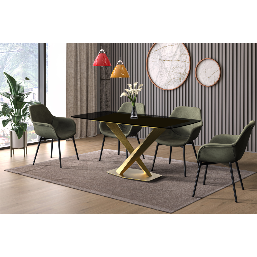 Voren Series Modern Dining Table Gold Base, With 55" Black Glass Top. Picture 5
