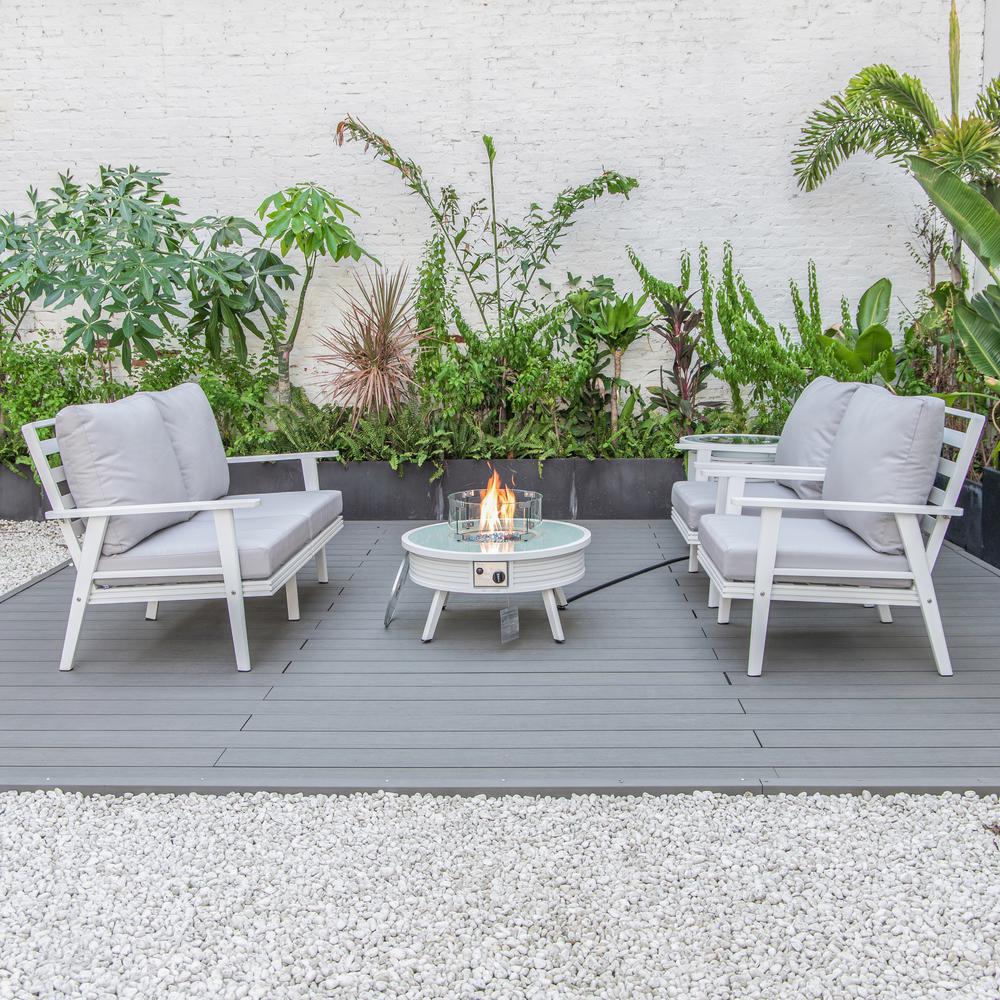 LeisureMod Walbrooke Modern White Patio Conversation With Round Fire Pit With Slats Design & Tank Holder, Light Grey. Picture 9