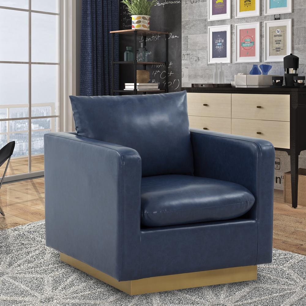 LeisureMod Nervo Leather Accent Armchair With Gold Frame, Navy Blue. Picture 6