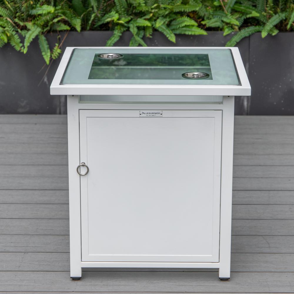 LeisureMod Walbrooke Modern White Patio Conversation With Square Fire Pit & Tank Holder, Green. Picture 2