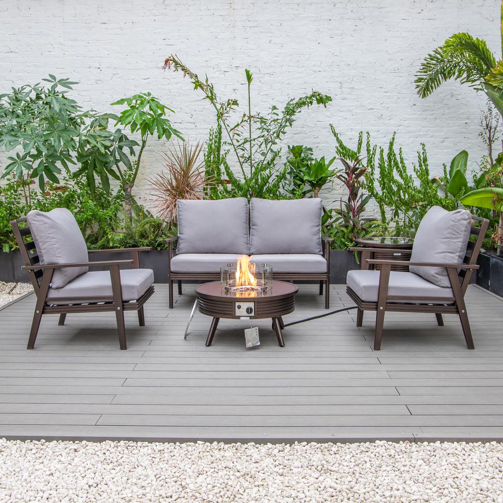 LeisureMod Walbrooke Modern Brown Patio Conversation With Round Fire Pit With Slats Design & Tank Holder, Grey. Picture 8