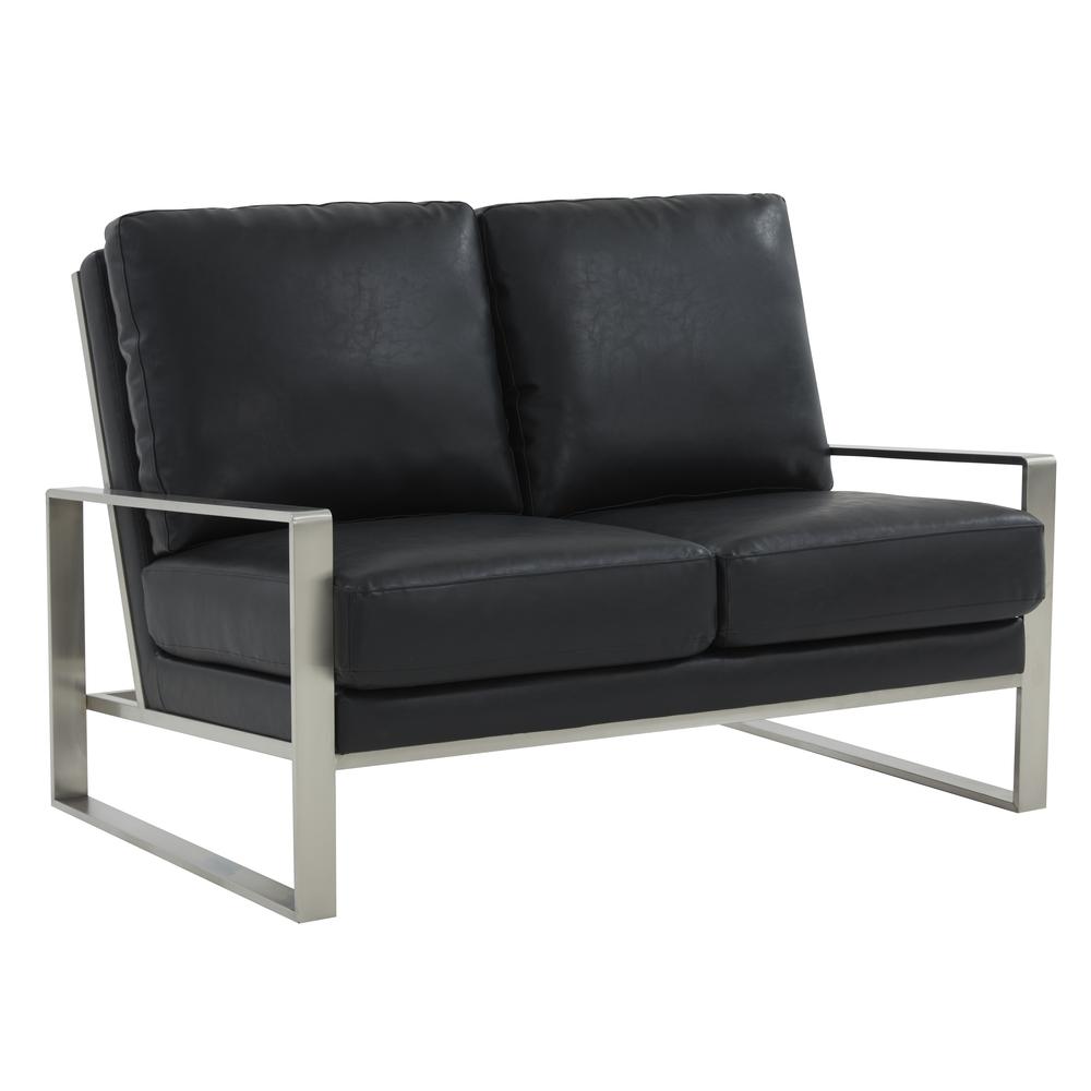 Leisuremod Jefferson Contemporary Modern Faux Leather Loveseat With Silver Frame, Black. Picture 1