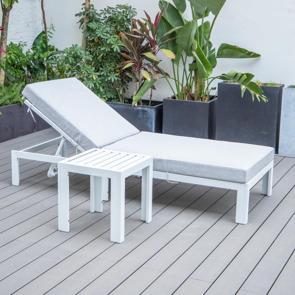 LeisureMod Chelsea Modern Outdoor White Chaise Lounge Chair With Side Table & Cushions Light Grey. Picture 3