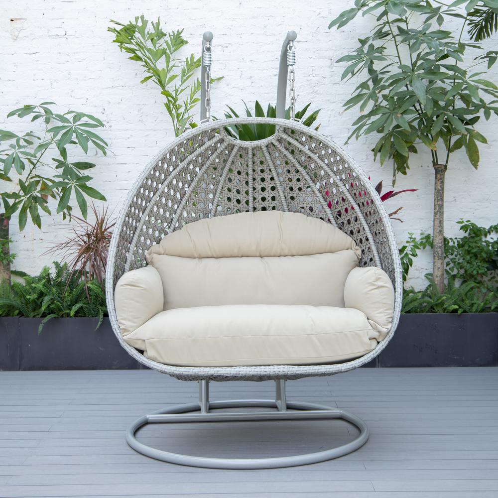 LeisureMod Wicker Hanging 2 person Egg Swing Chair in Taupe. Picture 3