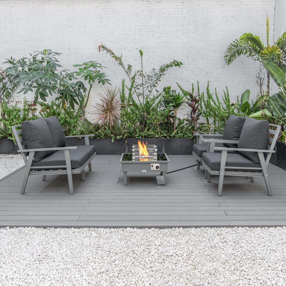 LeisureMod Walbrooke Modern Grey Patio Conversation With Square Fire Pit & Tank Holder, Charcoal. Picture 9
