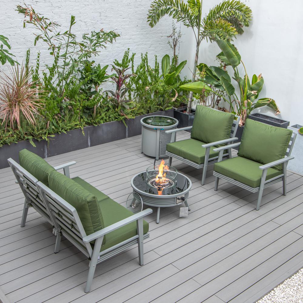 LeisureMod Walbrooke Modern Grey Patio Conversation With Round Fire Pit With Slats Design & Tank Holder, Green. Picture 7