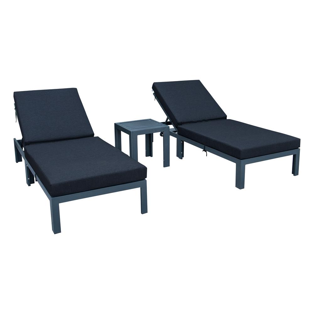 LeisureMod Chelsea Modern Outdoor Chaise Lounge Chair Set of 2 With Side Table & Cushions - Black. Picture 2