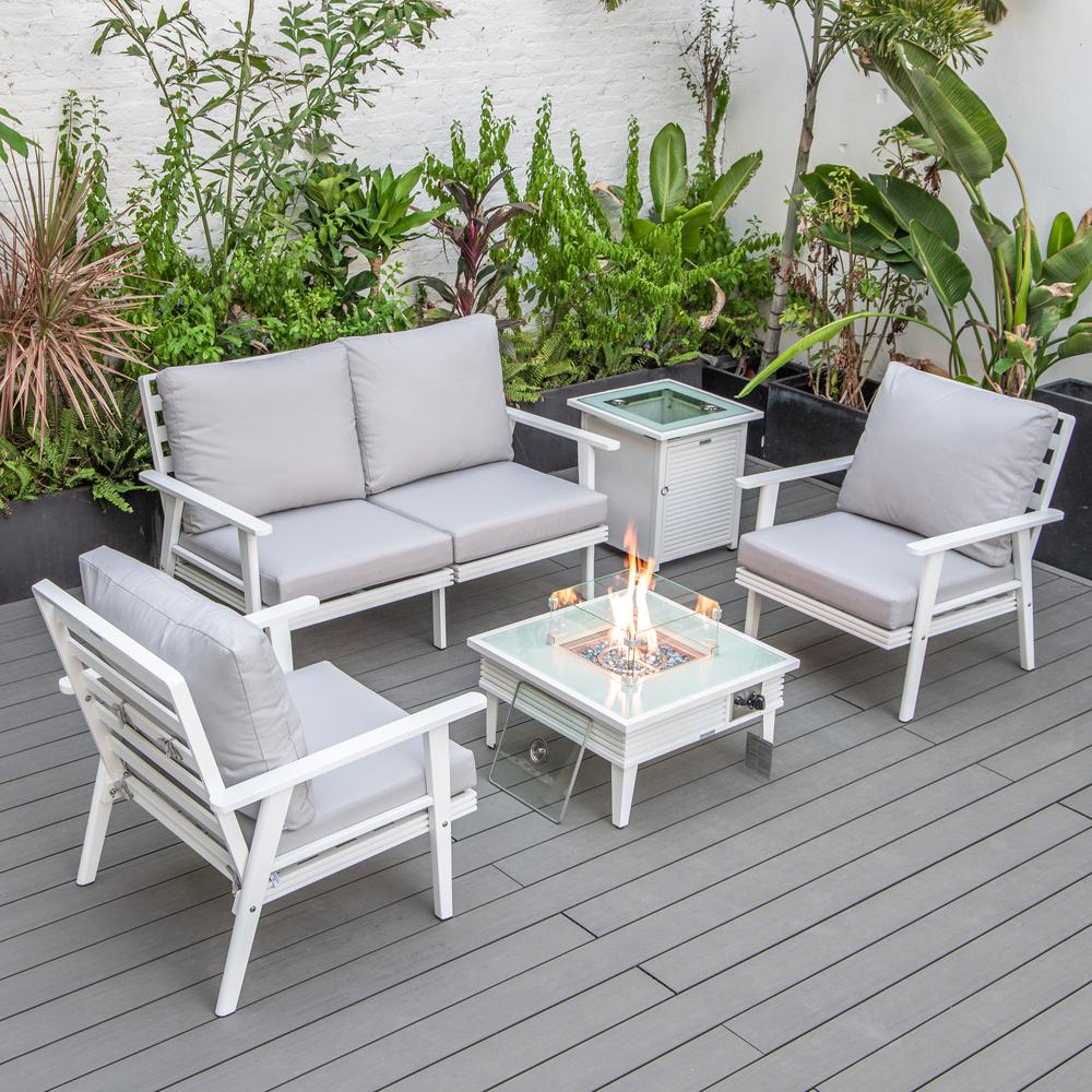 LeisureMod Walbrooke Modern White Patio Conversation With Square Fire Pit With Slats Design & Tank Holder, Light Grey. Picture 1