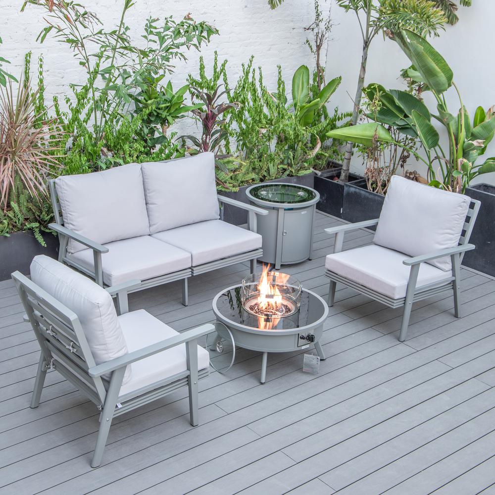 LeisureMod Walbrooke Modern Grey Patio Conversation With Round Fire Pit & Tank Holder, Light Grey. Picture 1