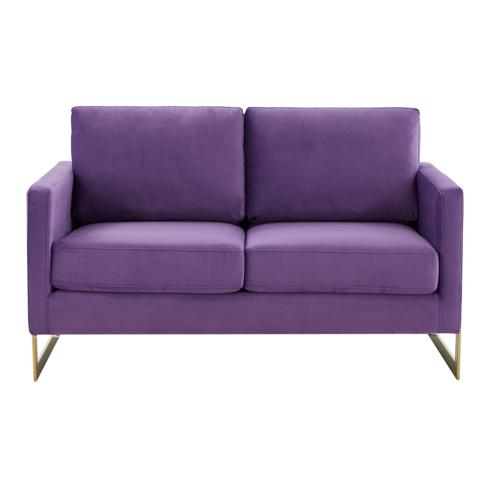LeisureMod Lincoln Modern Mid-Century Upholstered Velvet Loveseat with Gold Frame, Purple. Picture 2