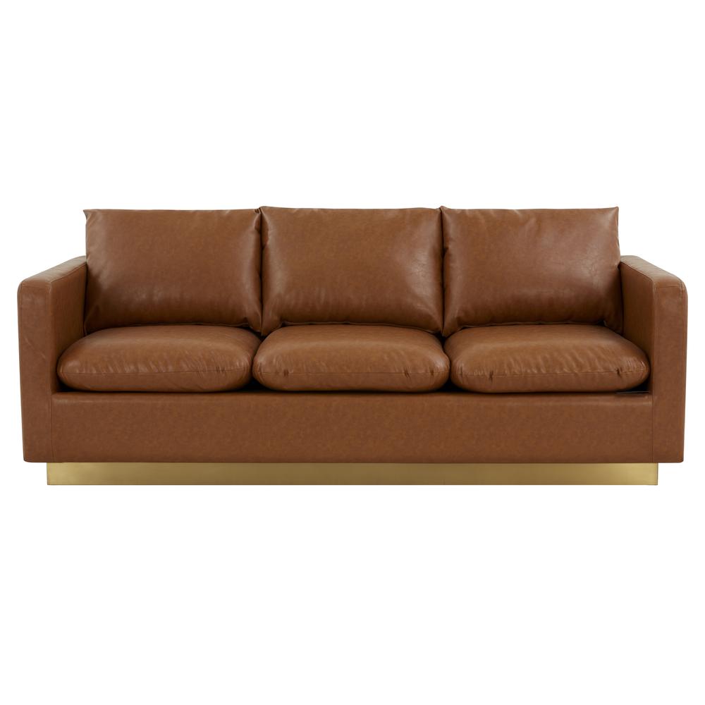 LeisureMod Nervo Modern Mid-Century Upholstered Leather Sofa with Gold Frame, Cognac Tan. Picture 2