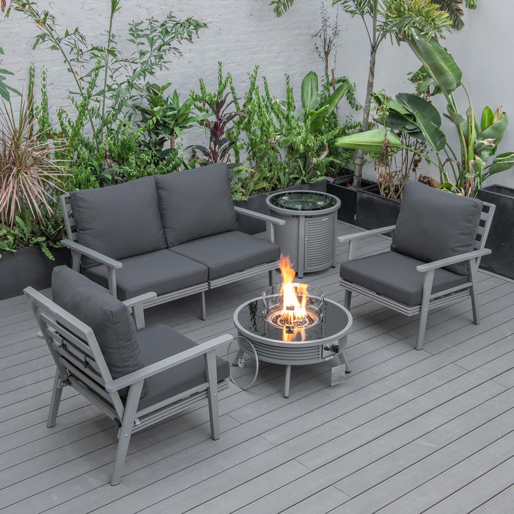 LeisureMod Walbrooke Modern Grey Patio Conversation With Round Fire Pit With Slats Design & Tank Holder, Charcoal. The main picture.