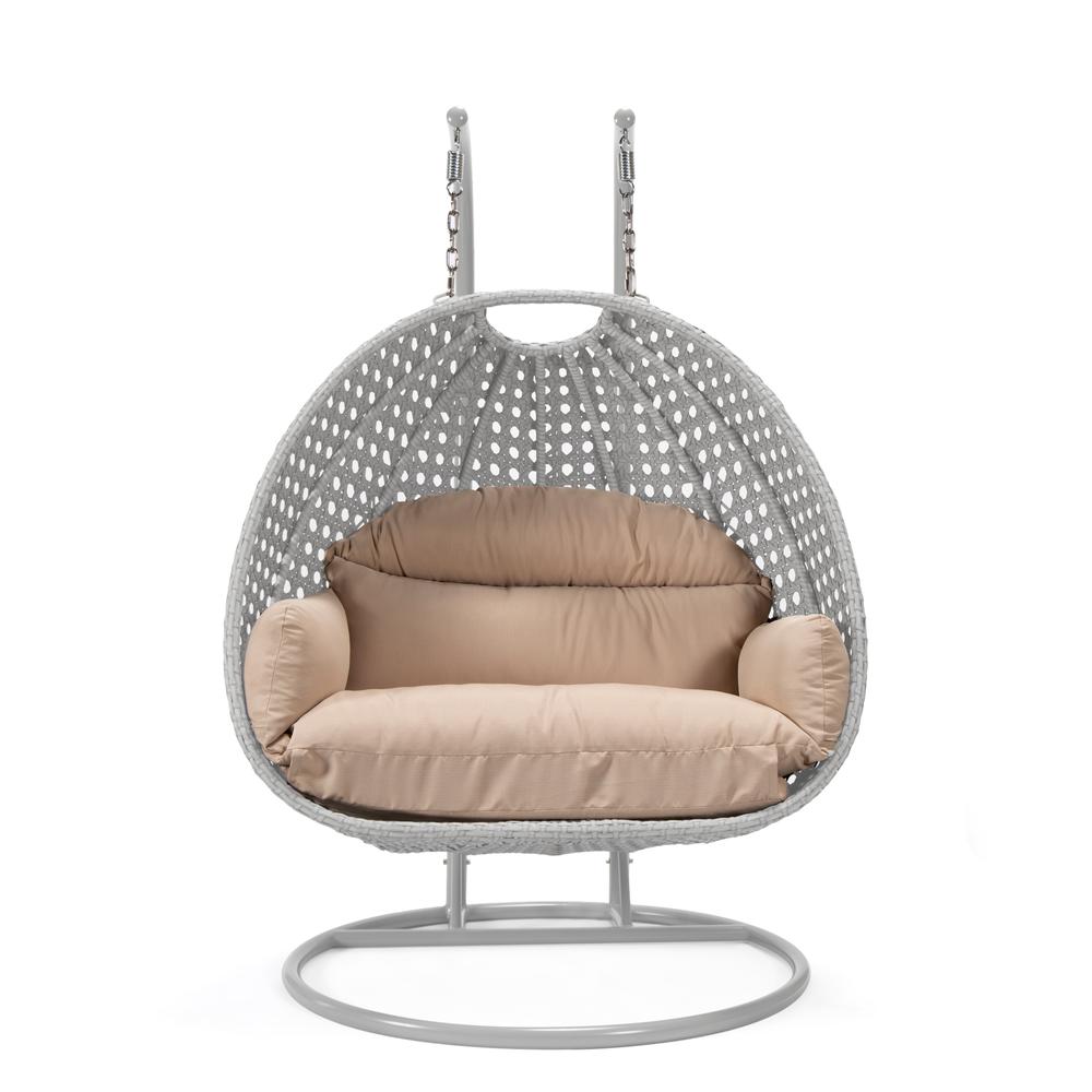 LeisureMod Wicker Hanging 2 person Egg Swing Chair in Beige. Picture 2