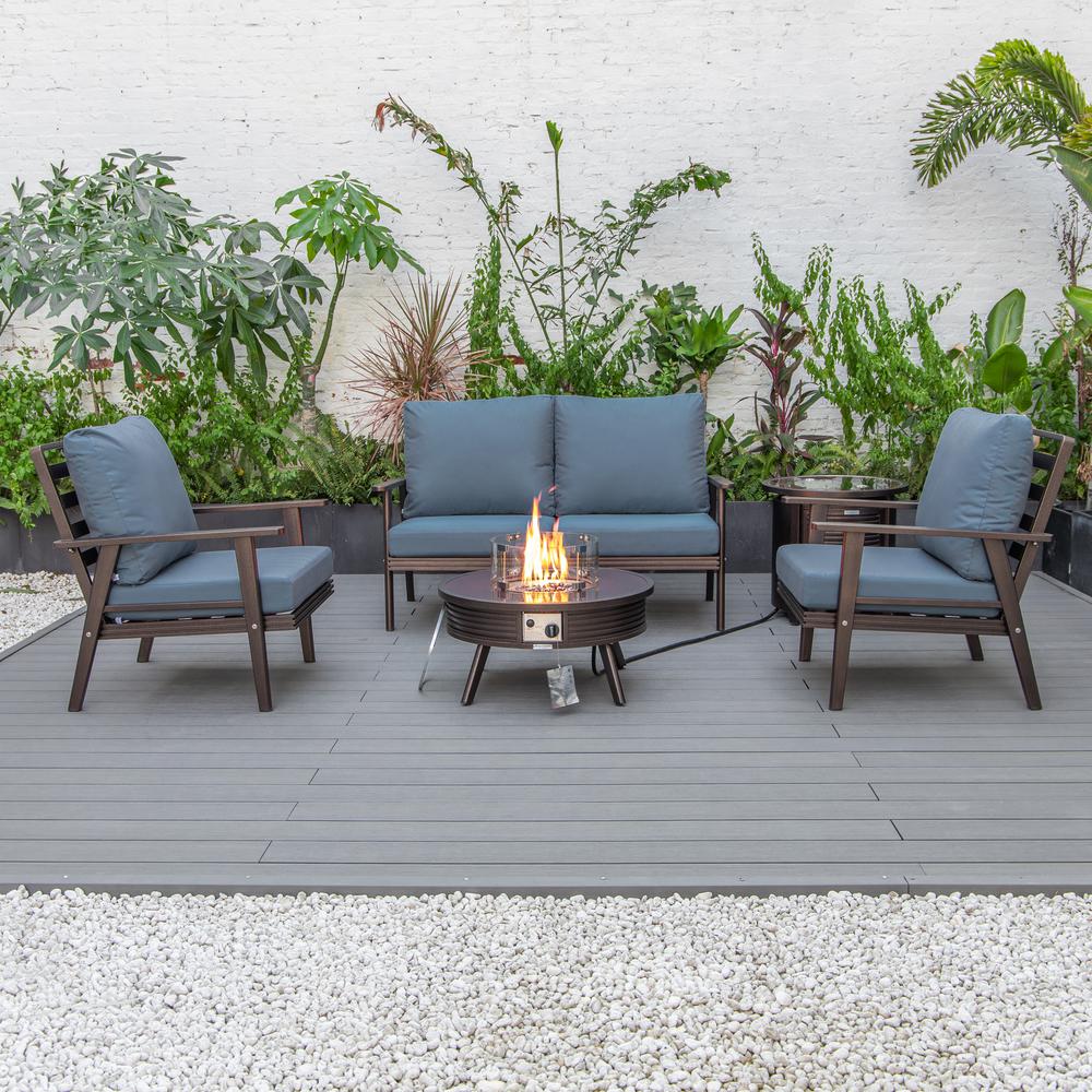 LeisureMod Walbrooke Modern Brown Patio Conversation With Round Fire Pit With Slats Design & Tank Holder, Navy Blue. Picture 6