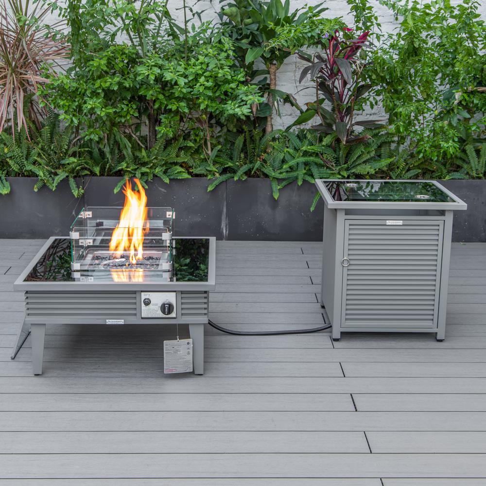 LeisureMod Walbrooke Modern Grey Patio Conversation With Square Fire Pit With Slats Design & Tank Holder, Red. Picture 5