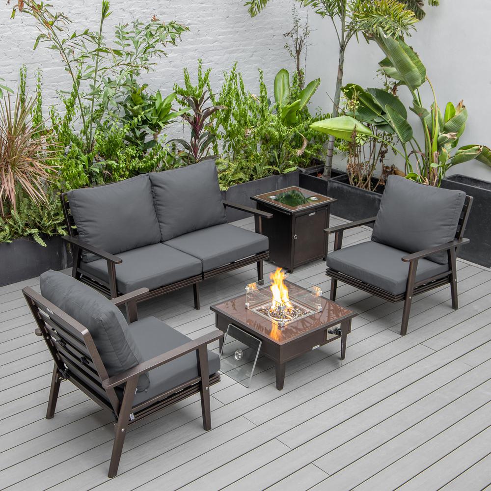 LeisureMod Walbrooke Modern Brown Patio Conversation With Square Fire Pit & Tank Holder, Charcoal. Picture 1