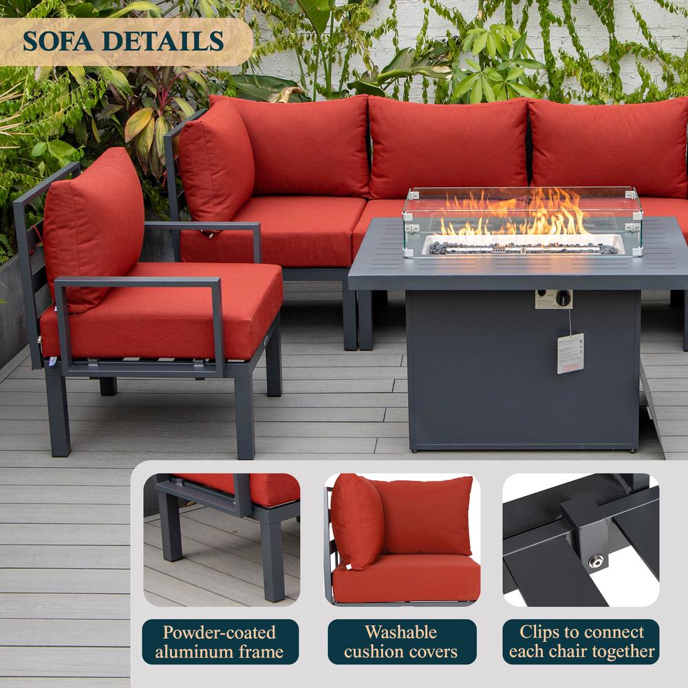 Chelsea 7-Piece Patio Sectional And Fire Pit Table Black Aluminum With Cushions. Picture 38