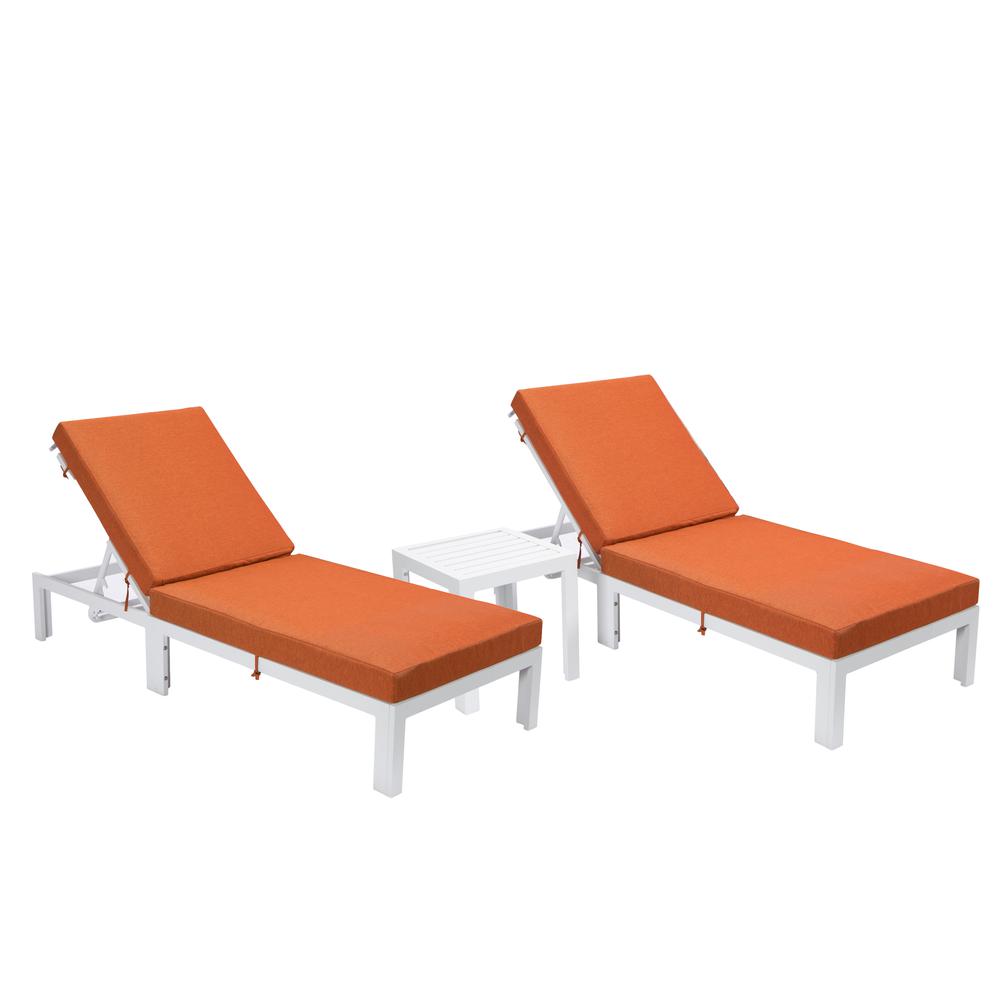 LeisureMod Chelsea Modern Outdoor White Chaise Lounge Chair Set of 2 With Side Table & Cushions Orange. The main picture.