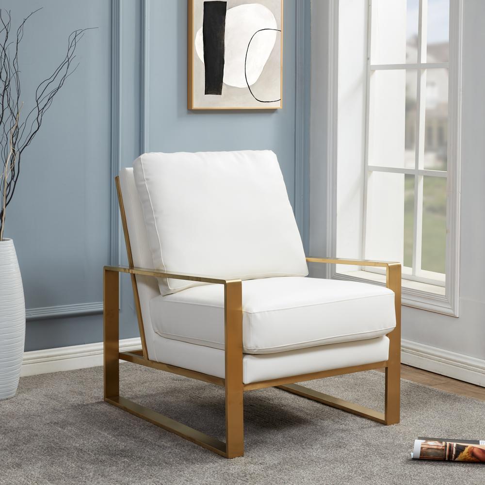LeisureMod Jefferson Leather Modern Design Accent Armchair With Elegant Gold Frame, White. Picture 2