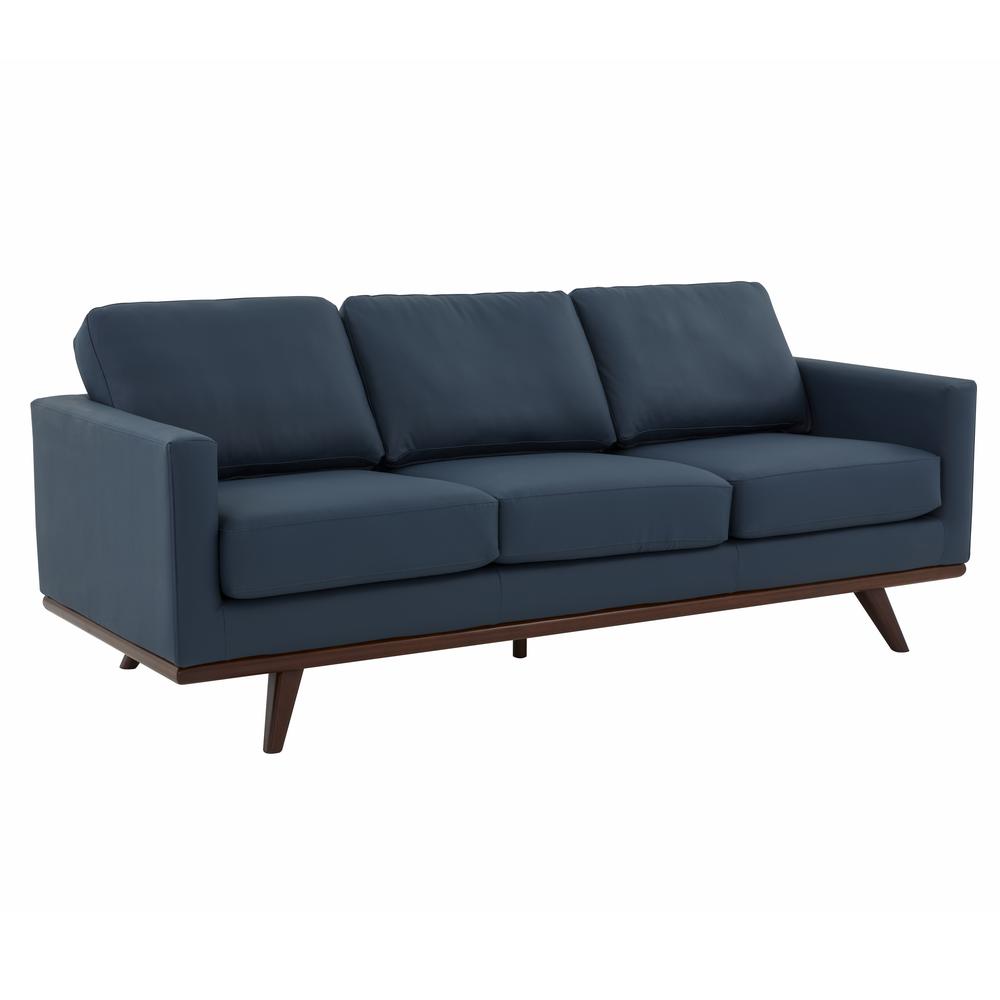 LeisureMod Chester Modern Leather Sofa With Birch Wood Base, Navy Blue. Picture 1