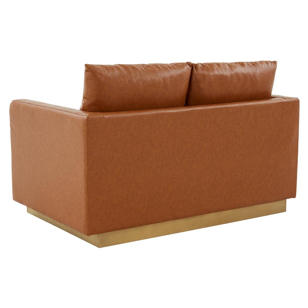 LeisureMod Nervo Modern Mid-Century Upholstered Leather Loveseat with Gold Frame, Cognac Tan. Picture 3