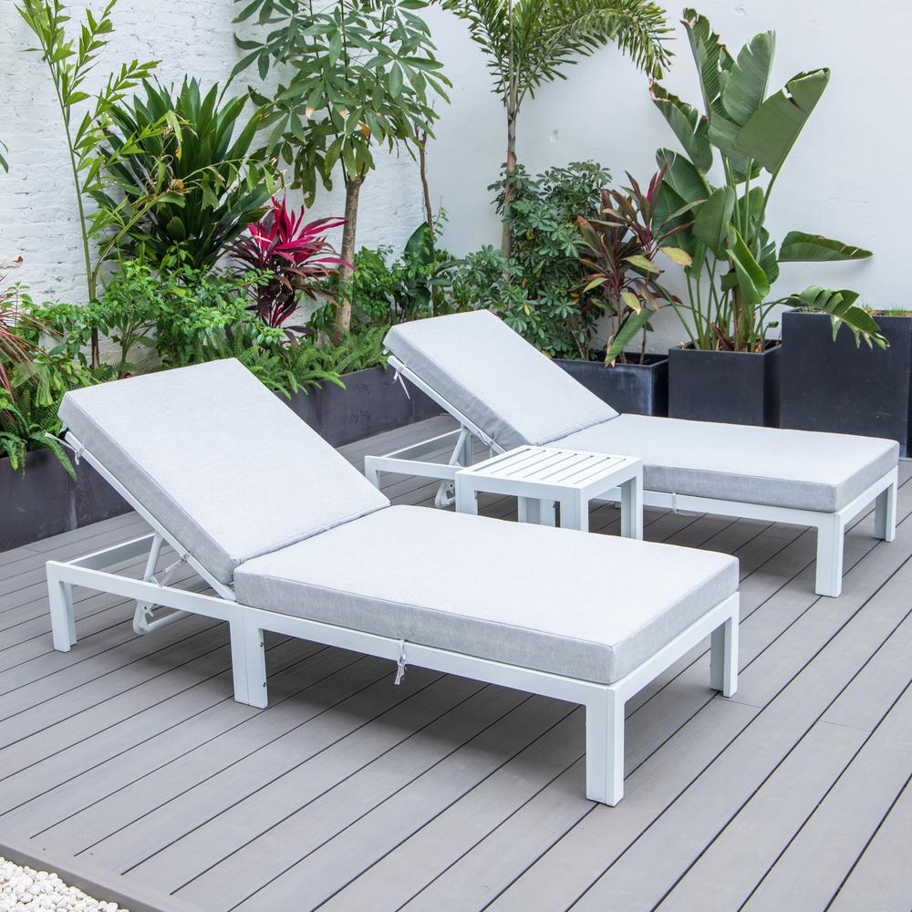 LeisureMod Chelsea Modern Outdoor White Chaise Lounge Chair Set of 2 With Side Table & Cushions Light Grey. Picture 3