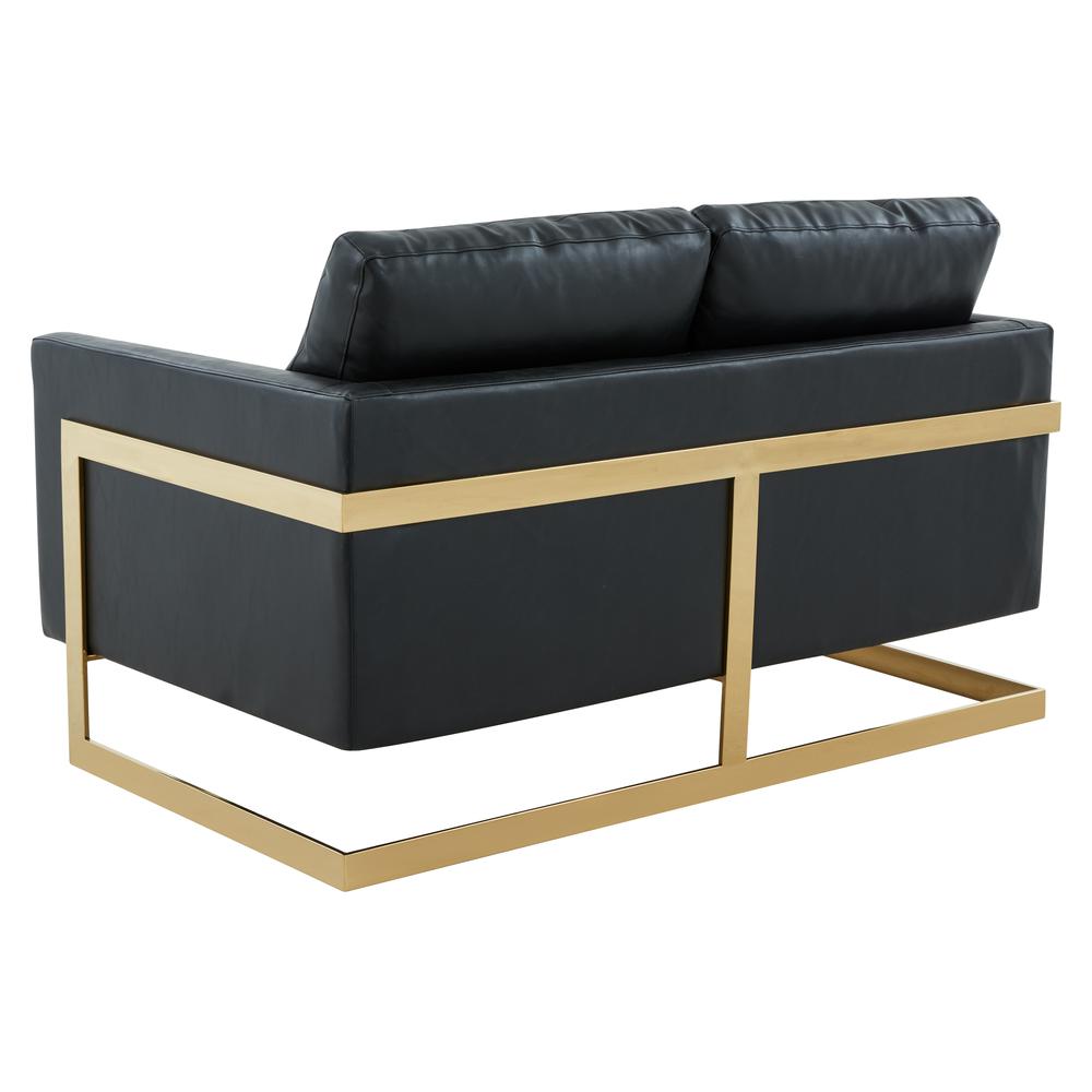 LeisureMod Lincoln Modern Mid-Century Upholstered Leather Loveseat with Gold Frame, Black. Picture 4