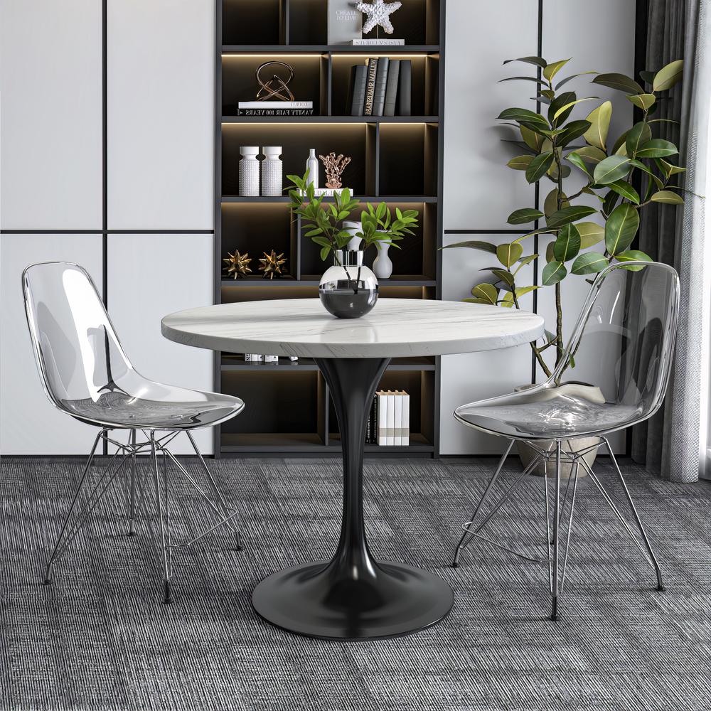 Verve 36" Round Dining Table, Black Base with Laminated White Marbleized Top. Picture 5