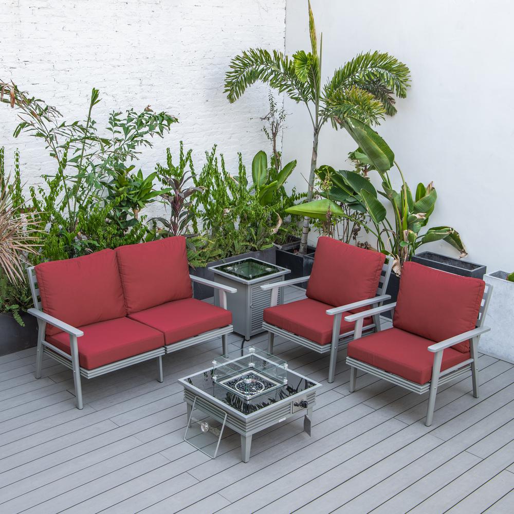 LeisureMod Walbrooke Modern Grey Patio Conversation With Square Fire Pit With Slats Design & Tank Holder, Red. Picture 8