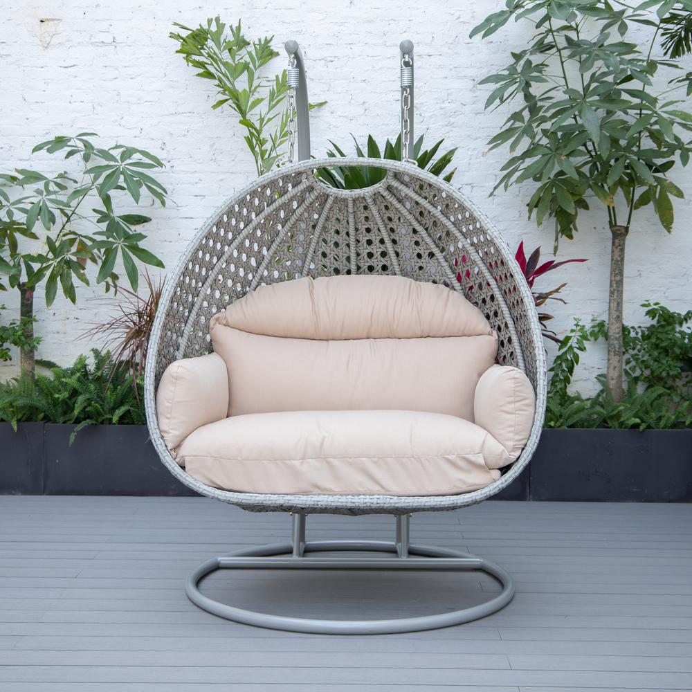 LeisureMod Wicker Hanging 2 person Egg Swing Chair in Beige. Picture 4