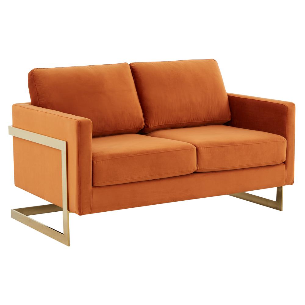LeisureMod Lincoln Modern Mid-Century Upholstered Velvet Loveseat with Gold Frame, Orange Marmalade. The main picture.