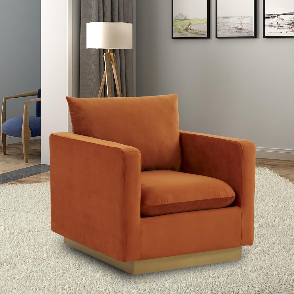LeisureMod Nervo Velvet Accent Armchair With Gold Frame, Orange Marmalade. Picture 6