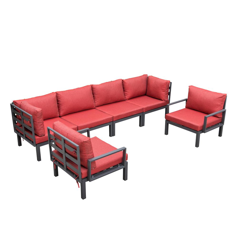 LeisureMod Hamilton 6-Piece Aluminum Patio Conversation Set With Cushions Red. Picture 1