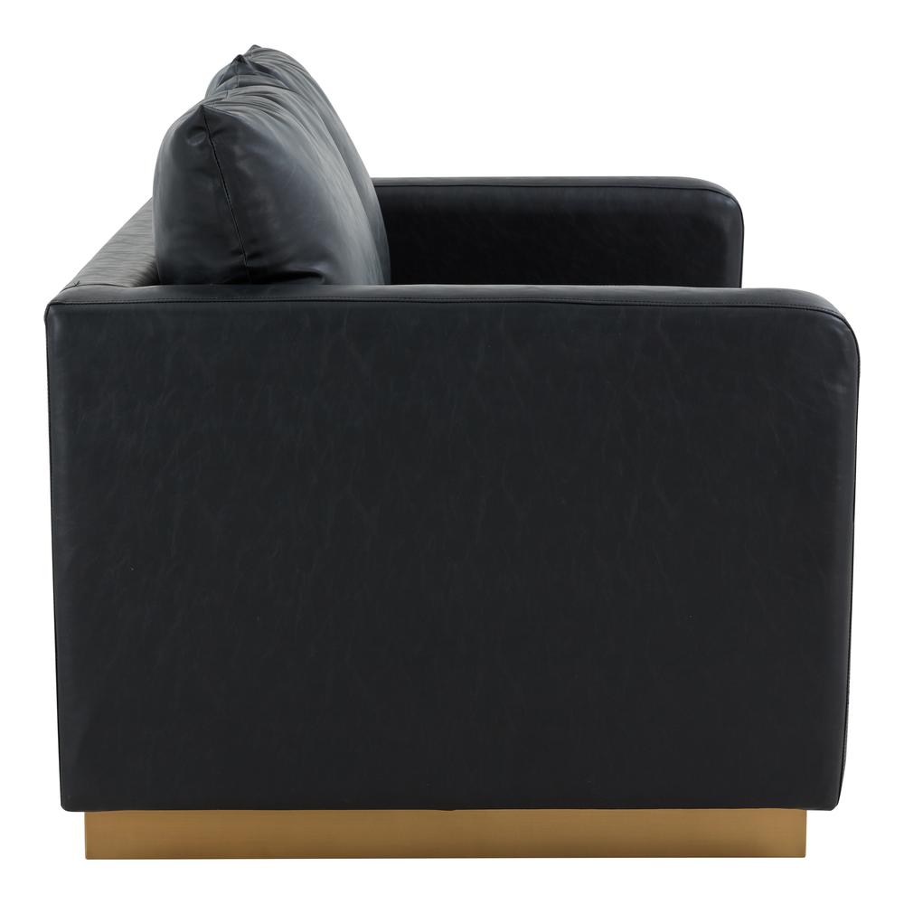 LeisureMod Nervo Modern Mid-Century Upholstered Leather Loveseat with Gold Frame, Black. Picture 4
