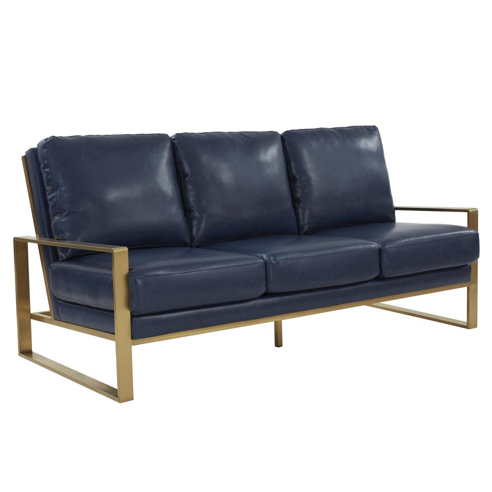 LeisureMod Jefferson Modern Design Leather Sofa With Gold Frame, Navy Blue. Picture 1