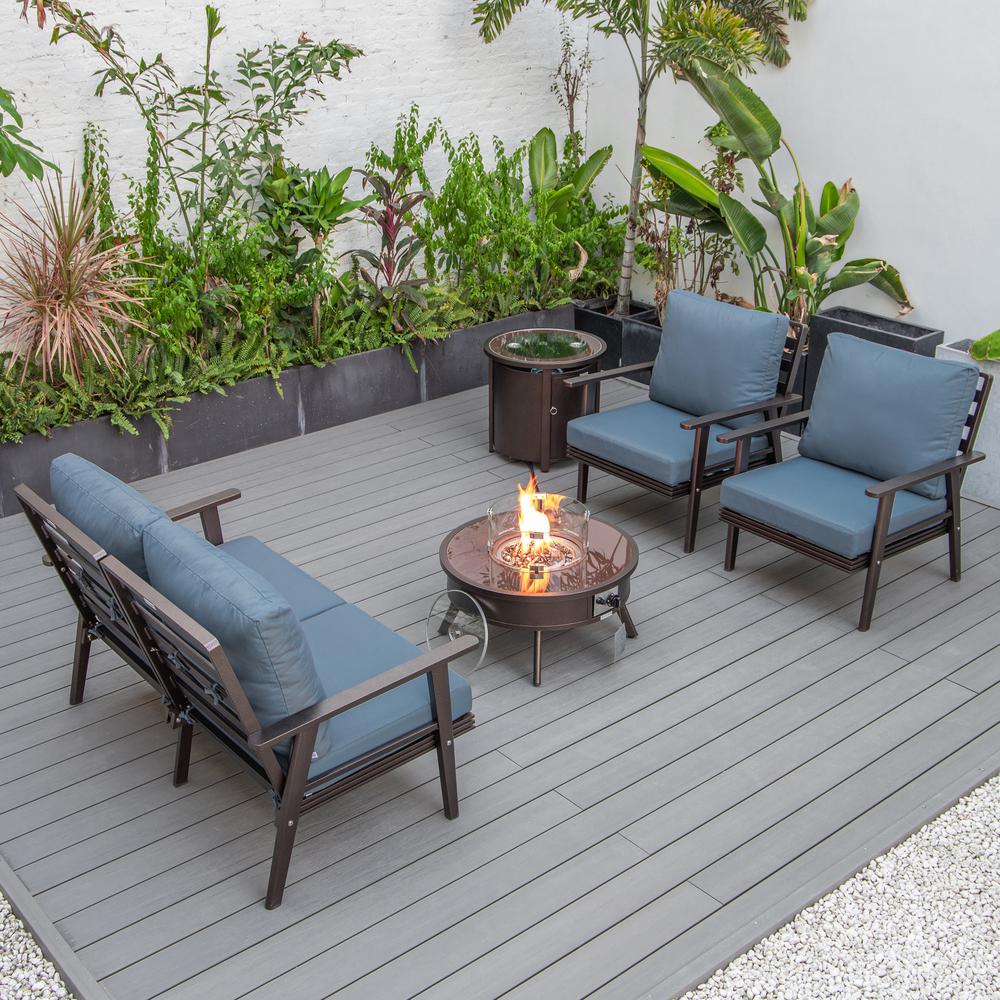 LeisureMod Walbrooke Modern Brown Patio Conversation With Round Fire Pit & Tank Holder, Navy Blue. Picture 6
