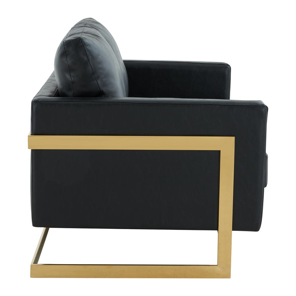 LeisureMod Lincoln Modern Mid-Century Upholstered Leather Loveseat with Gold Frame, Black. Picture 2