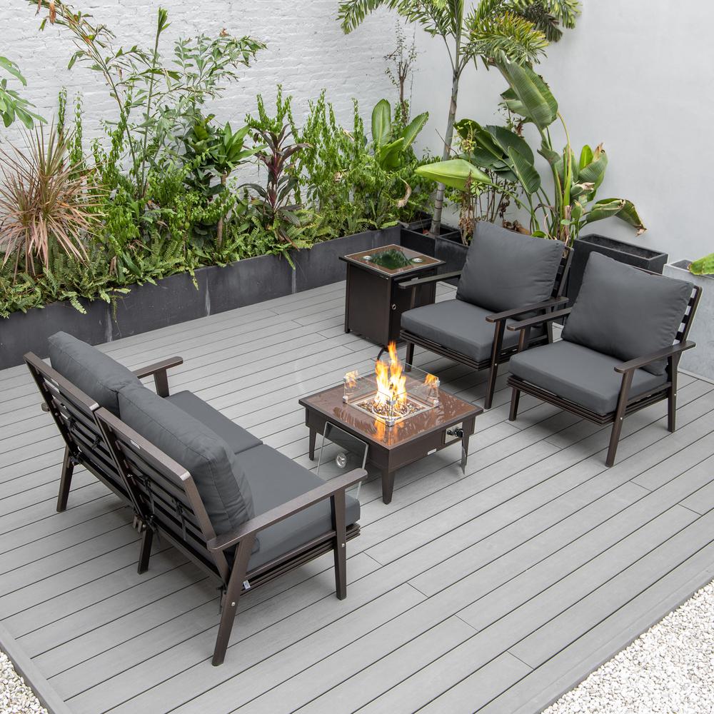 LeisureMod Walbrooke Modern Brown Patio Conversation With Square Fire Pit & Tank Holder, Charcoal. Picture 9