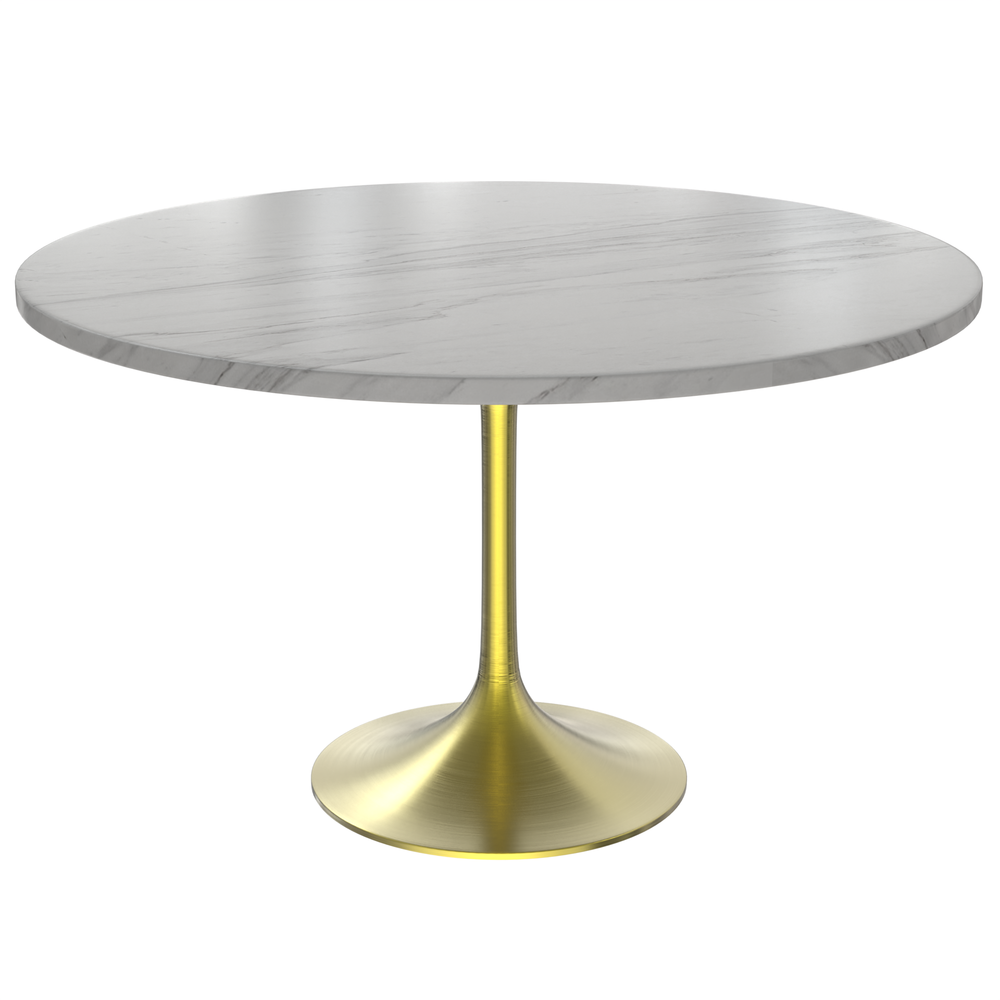 48 Round Dining Table, Brushed Gold Base with Sintered Stone White Top. Picture 1